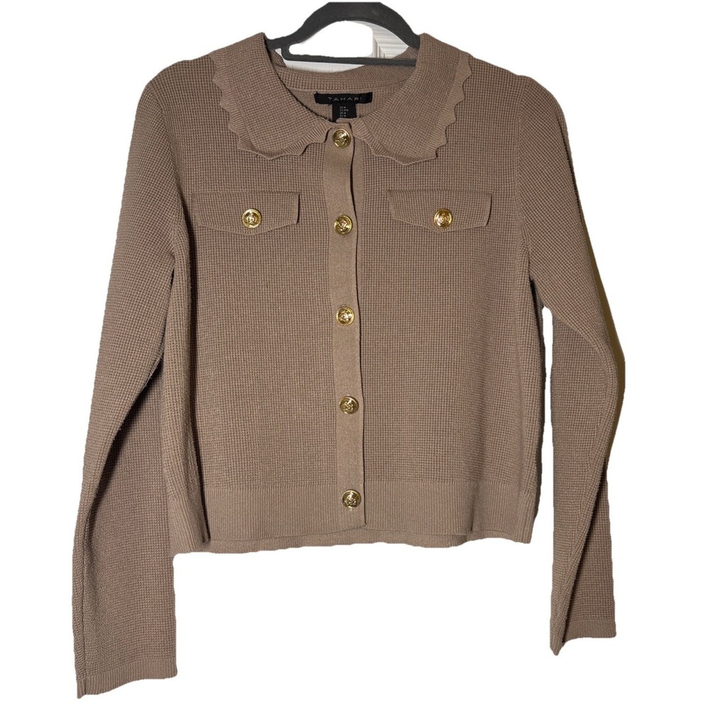 Tahari Cardigan Sweater Women's Taupe Excellent Scalloped Collar Gold Button Med